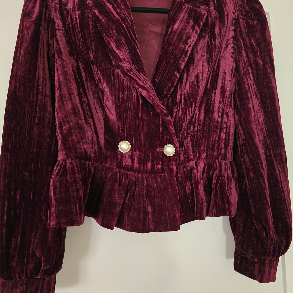 Lait Collection Velvet Double-Breasted Jacket in Rich Burgundy